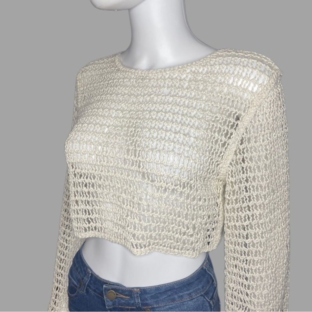 Zara Boho Cropped‎ Cream Crotchet Long Sleeve Top - Picture 2 of 5